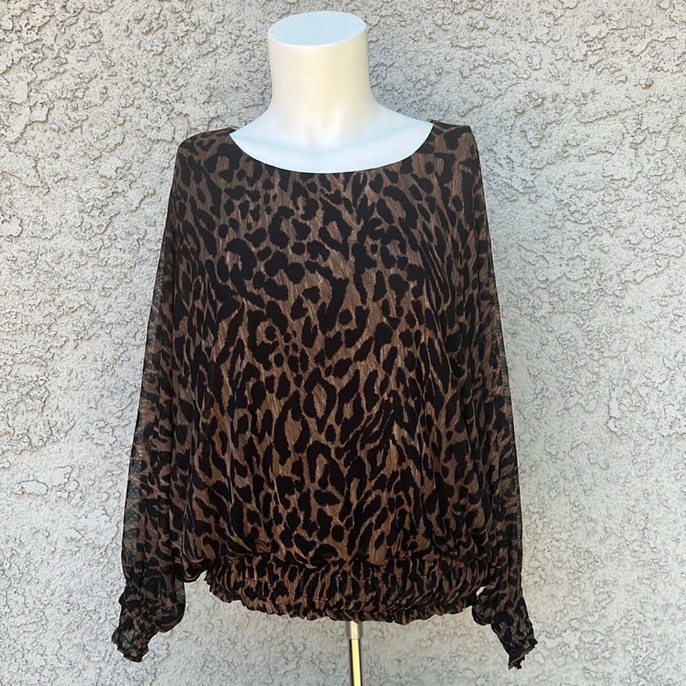 Harper 241 Animal Print Leopard Cheetah Mesh Batwing Smocked Blouse Top Shirt